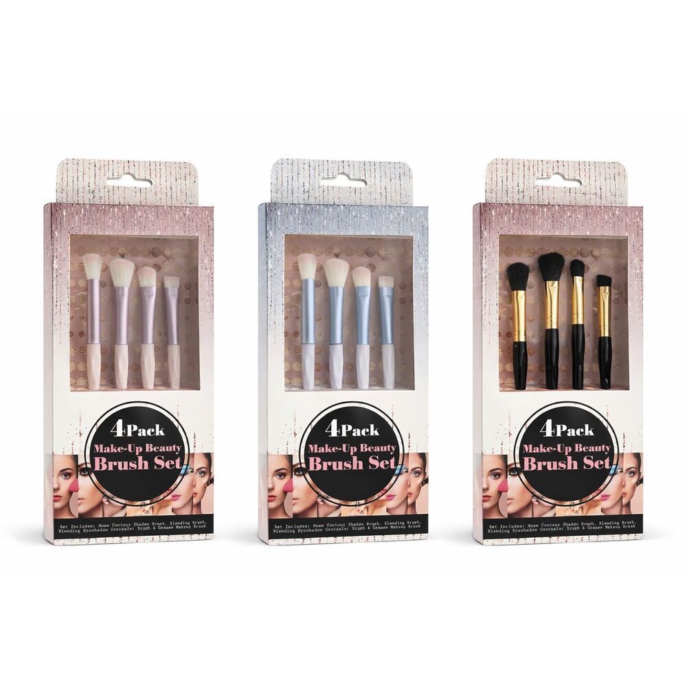 4Pc Makeup Brush Set Contour Blending Eyeshadow Crease Pink Blue Black